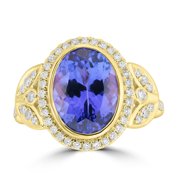 5.49ct Tanzanite Rings with 0.343tct Diamond set in 18K Yellow Gold