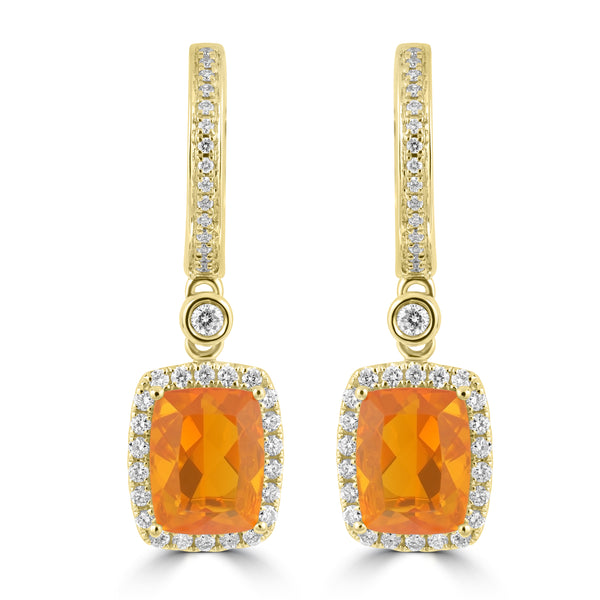 3.05ct Fire Opal Earrings with 0.556tct Diamond set in 18K Yellow Gold