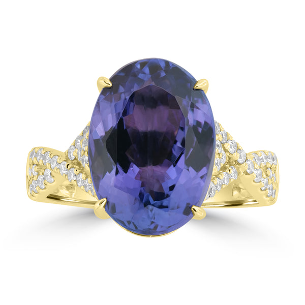 7.43ct Tanzanite Rings with 0.355tct Diamond set in 14K Yellow Gold