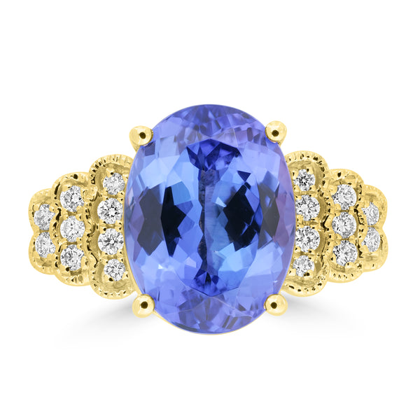 6.31ct Tanzanite Rings with 0.237tct Diamond set in 14K Yellow Gold