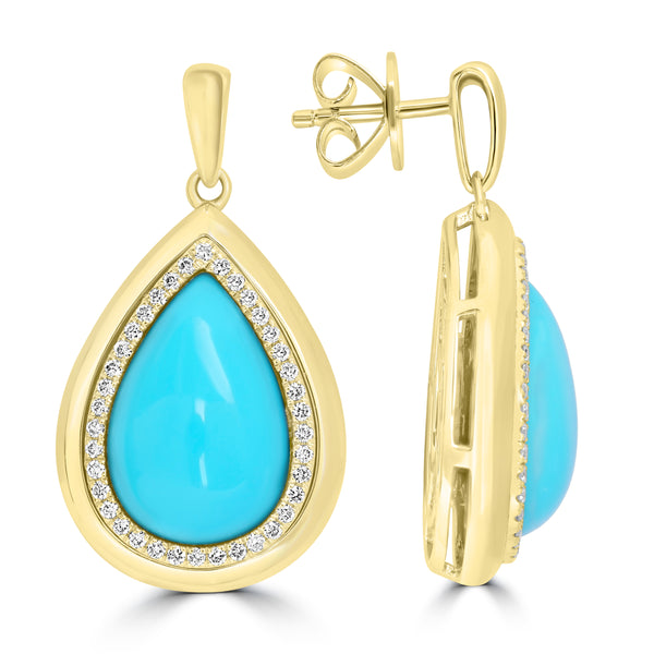 9.4ct Turquoise Earrings with 0.34tct Diamond set in 14K Yellow Gold