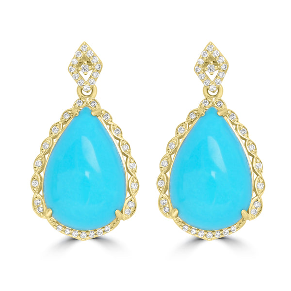 9.15ct Turquoise Earrings with 0.185tct Diamond set in 14K Yellow Gold