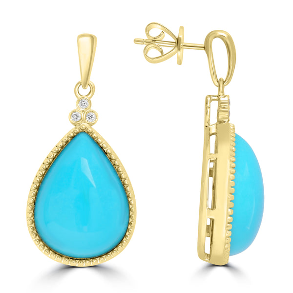 14.64ct Turquoise Earrings with 0.046tct Diamond set in 14K Yellow Gold