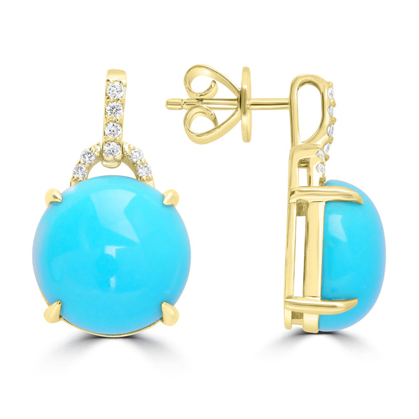 10.91ct Turquoise Earrings with 0.123tct Diamond set in 14K Yellow Gold