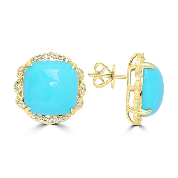 11.93ct Turquoise Earrings with 0.166tct Diamond set in 14K Yellow Gold