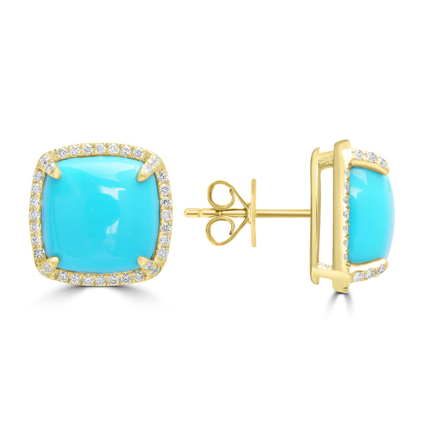 7.94ct Turquoise Earrings with 0.303tct Diamond set in 14K Yellow Gold