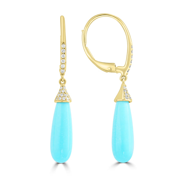 5.87ct Turquoise Earrings with 0.122tct Diamond set in 14K Yellow Gold