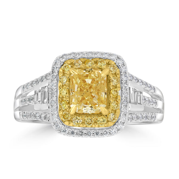 1.05ct Yellow Diamond Rings with 0.53tct Multi set in 18K Two Tone Gold